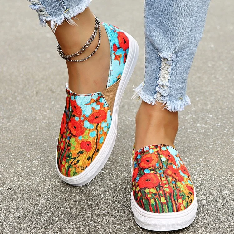 Qengg for Women 2022 Autumn Fashion Printing Canvas Shoes Women Loafers Women Plus Size Casual Flat Shoes Zapatos Para Mujer