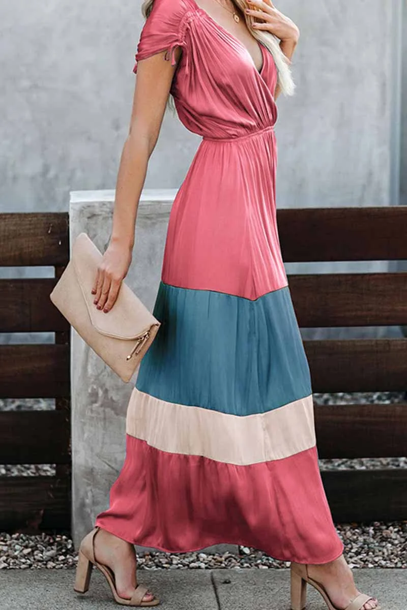 Summer Loose Multicolor Stitching V-Neck Short Sleeves Midi Dress