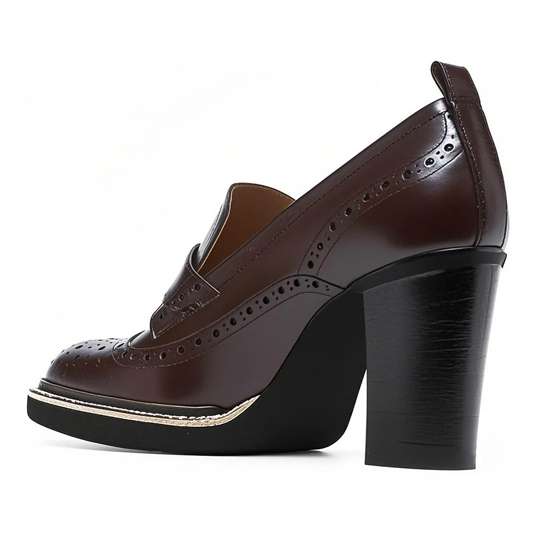Dark Brown Vegan Leather Round Toe Loafer Heels with Perforated