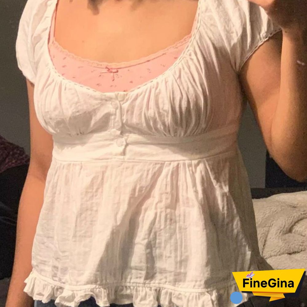 Ruffle Top Buttons Y2k Kawaii Women Crop Tops Cute E-girl Short Sleeve Tshirt Sweet Fairy Core Clothes Summer Vest