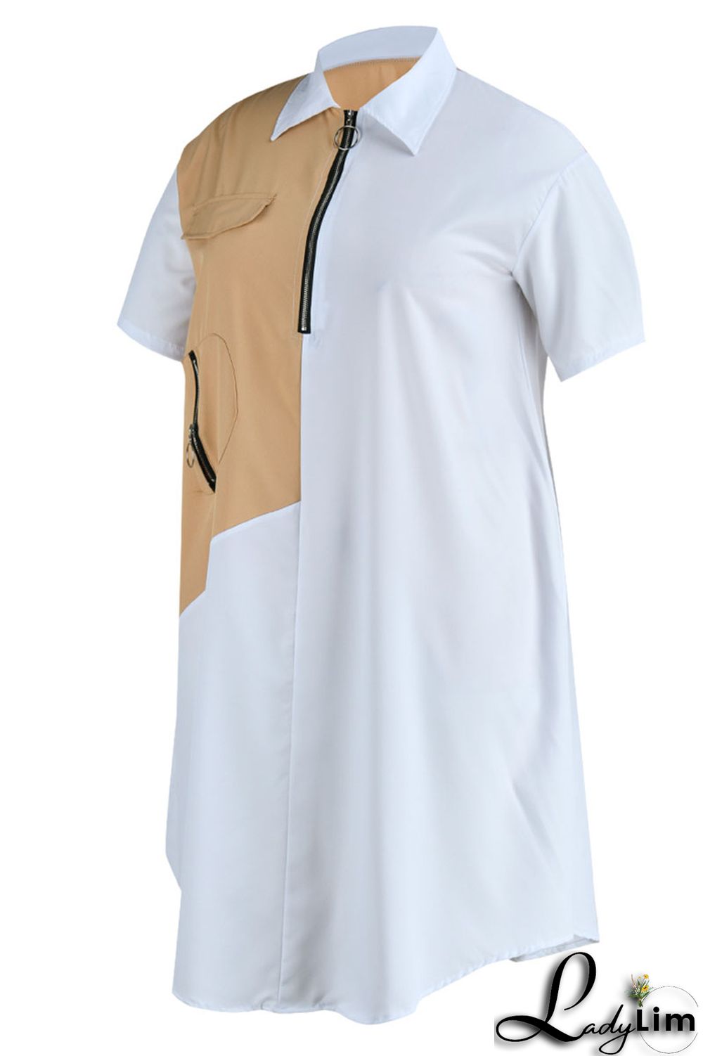 Light Blue Casual Solid Patchwork Zipper Collar Straight Plus Size Dresses