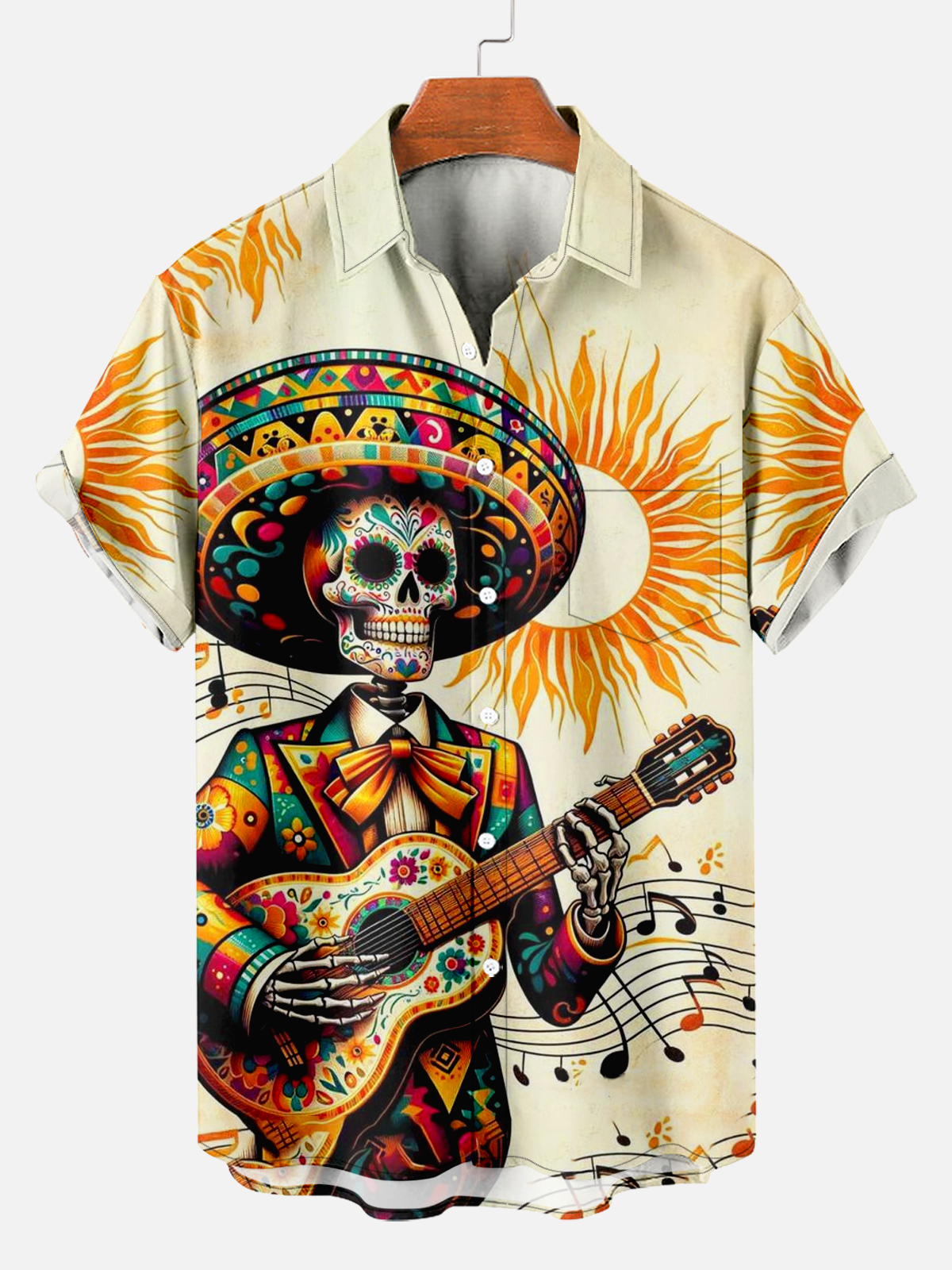 Men's Vintage Day of the Dead Skull Guitar Print Shirt PLUSCLOTHESMAN