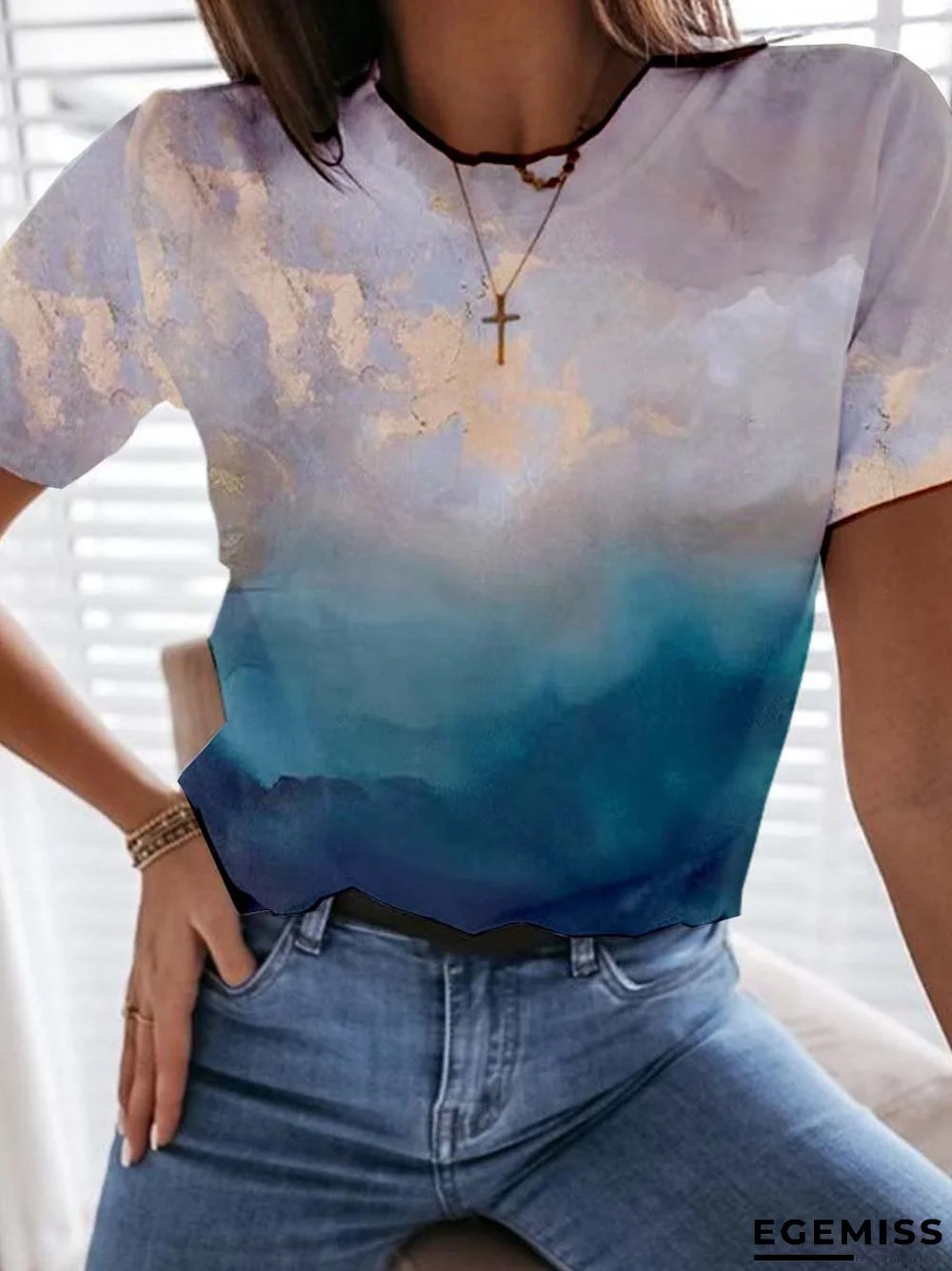 Ombre/Tie-Dye  Short Sleeve  Printed  Cotton-blend  Crew Neck  Casual  Summer  Blue Top | EGEMISS