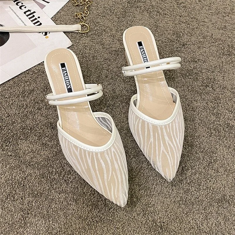 Qengg sandals women's 2022 summer new pointed toe thick-heeled Baotou half-word mid-heel sandals and slippers