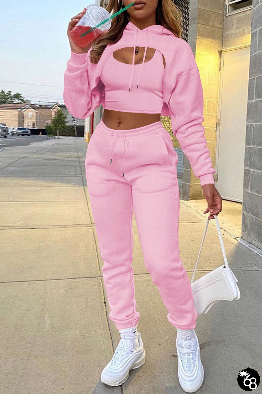 Pink Casual Solid Hollowed Out Hooded Collar Long Sleeve Three Piece Set | 168DEAL
