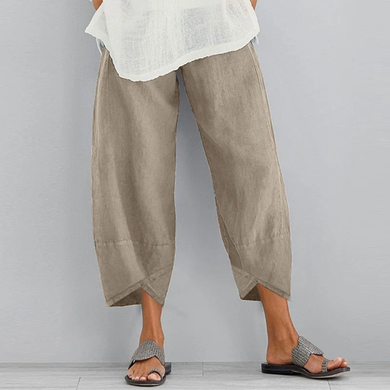 Vintage Women Cotton Linen Wide Leg Pants ZANZEA 2022 Female Asymmetric Trousers Ladies Casual Loose Pockets Elastic Waist Pants