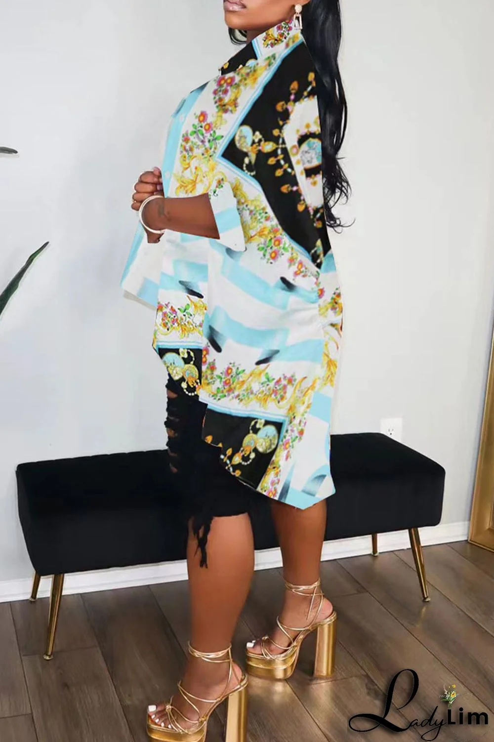 Black Casual Print Split Joint Buckle Turndown Collar Tops