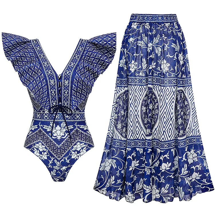 V Neck Ruffled Blue Print One Piece Swimsuit and Skirt