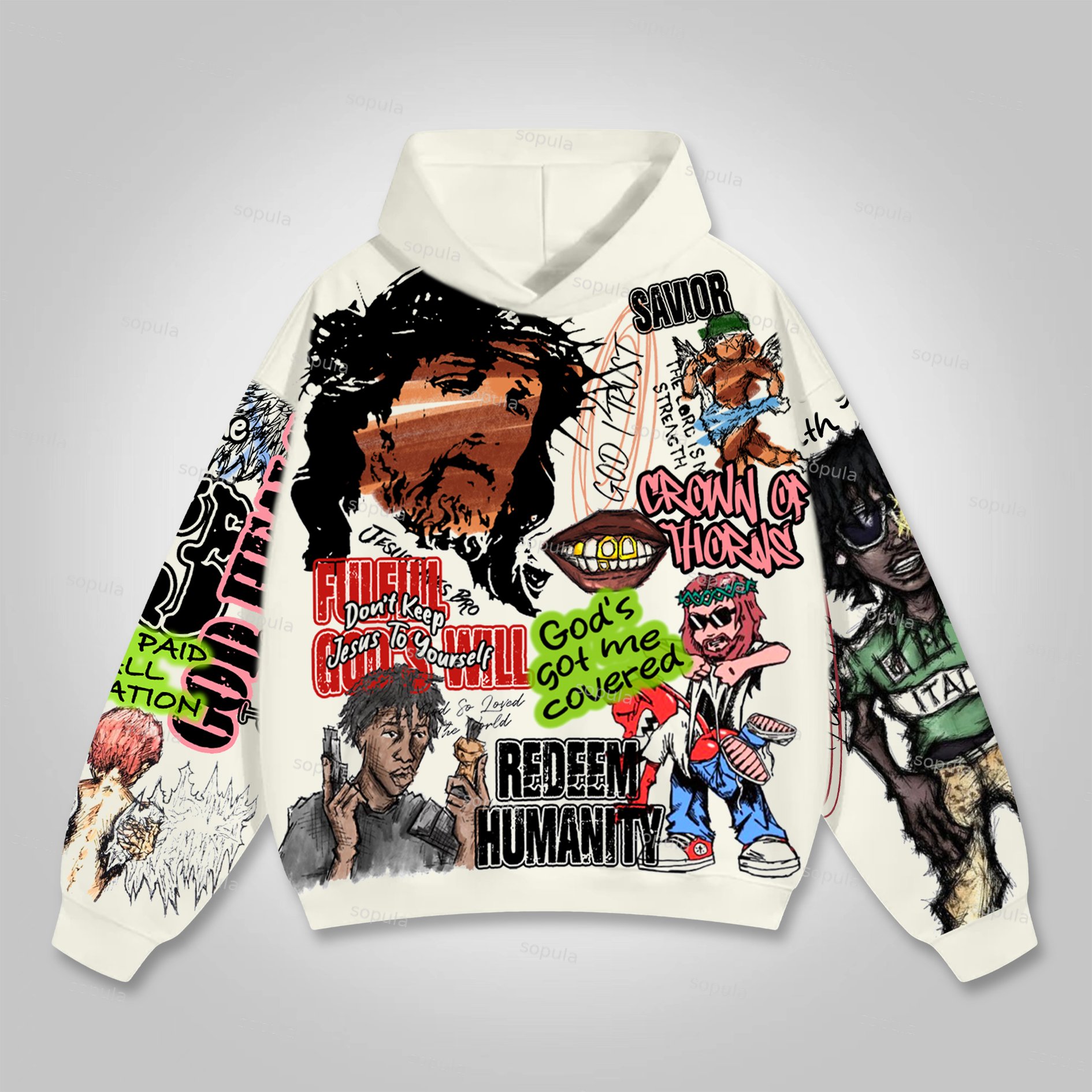 Sopula Vintage Graffiti Jesus Graphic Print Hoodie - SOPULA