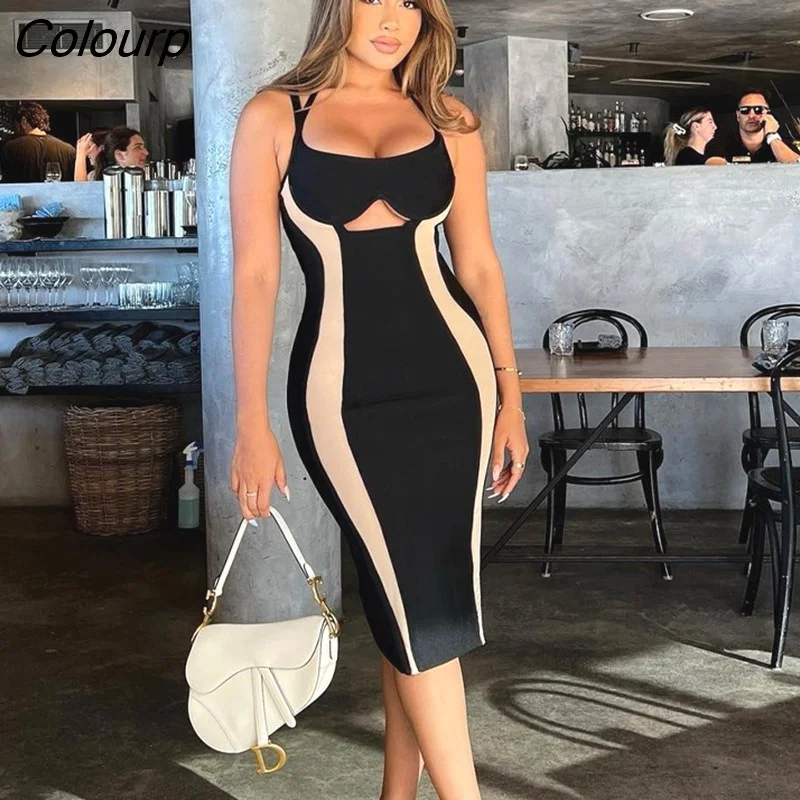 Colourp Patchwork Sexy Y2K Clothes Hollow Out Sleeveless Lace Up Backless Bodycon Midi Dress For Women Club Party Elegant Outfit