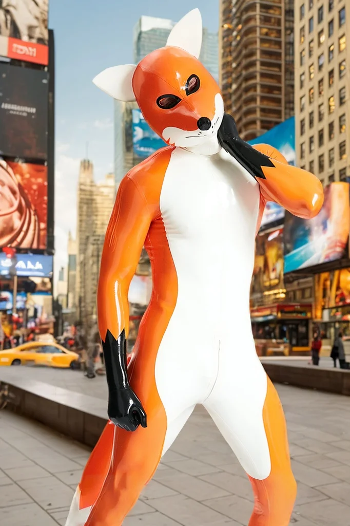 Men Latex Catsuits Fox Trotter Shoulder Zipper Inflatable Tail Animal Roleplay Orange