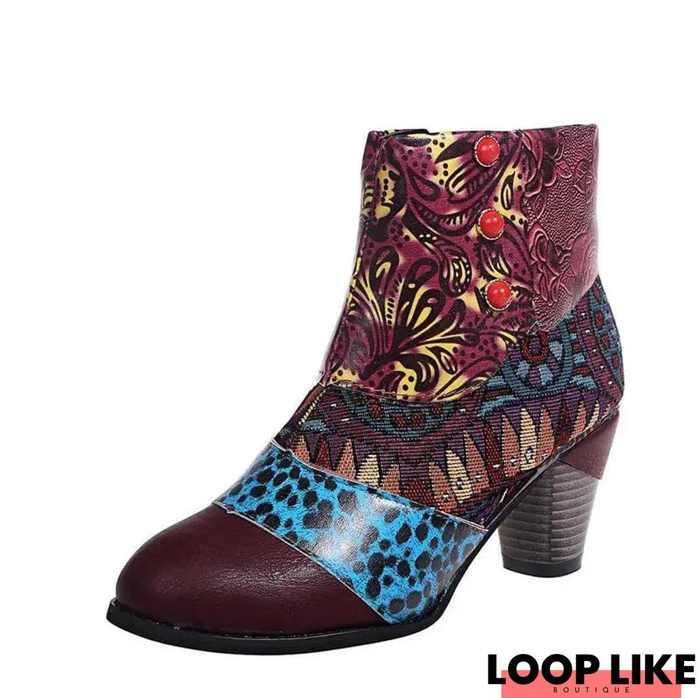 Print Ankle Boots Chunky Mid Heel Boots Women Side Zipper Shoes