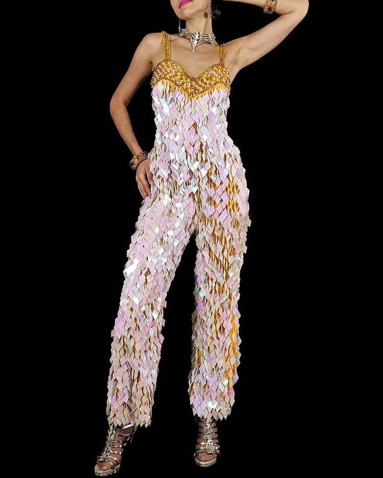 Elegant Diamond-shaped Sequin Strap Jumpsuit