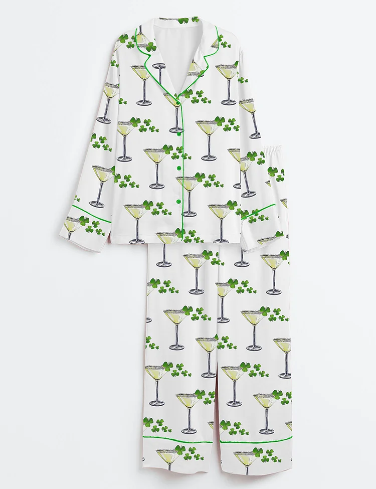 Women&rsquo;s A Tini Bit Irish St. Patrick's Day Shamrock Print Long Sleeve Satin Pajama Set