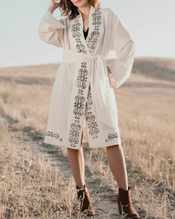 Casual tribal style cotton and linen lace retro print lace-up coat