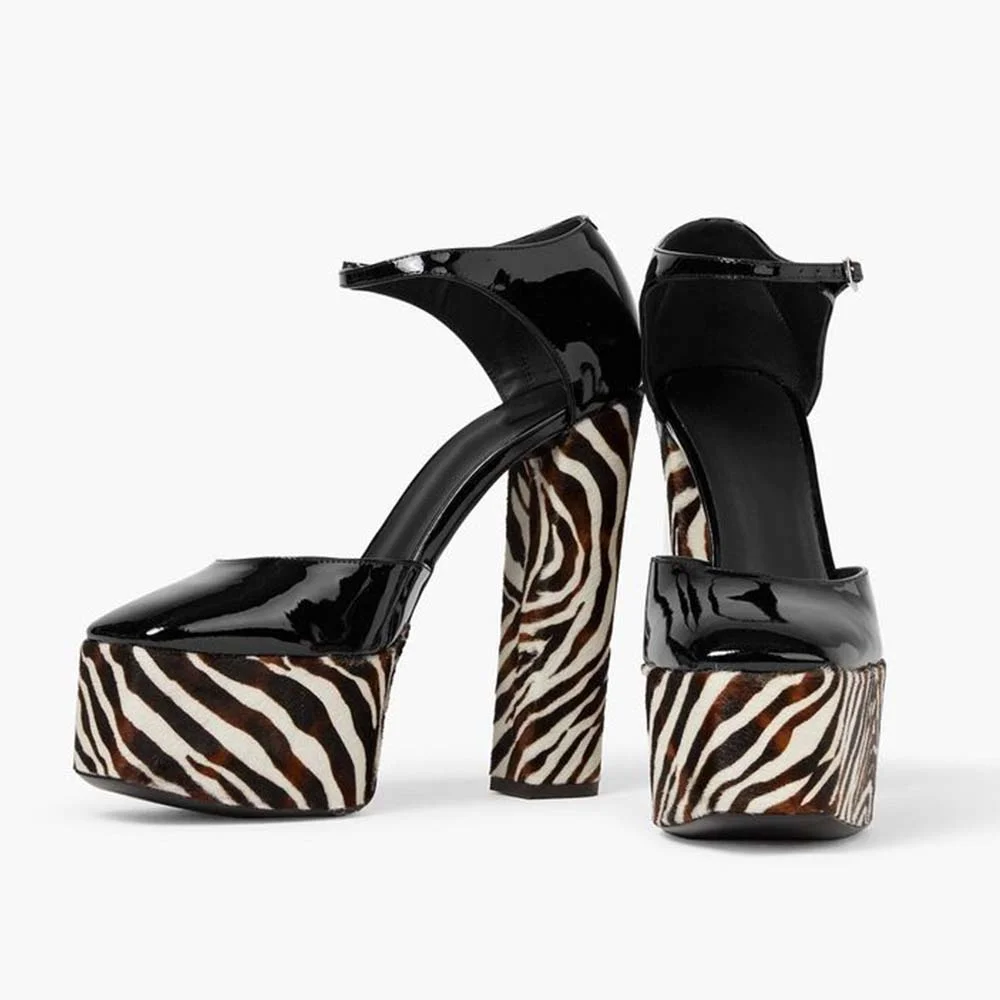 Black Square Toe Patent Leather Pumps With Zebra Striped Platform Ankle Strap Chunky Heels Nicepairs