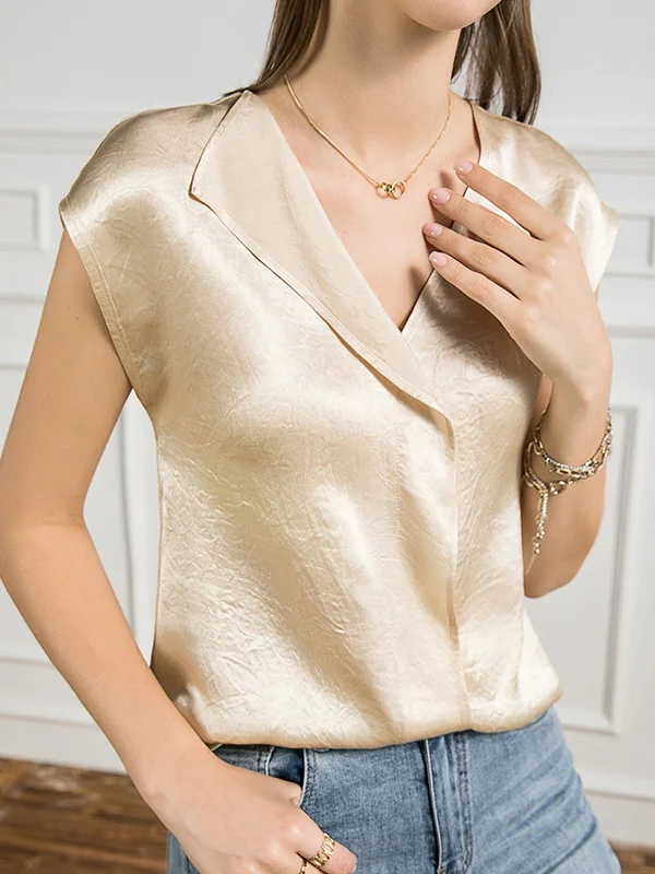 Casual Sleeveless Loose Solid Color Polo Blouses Tops