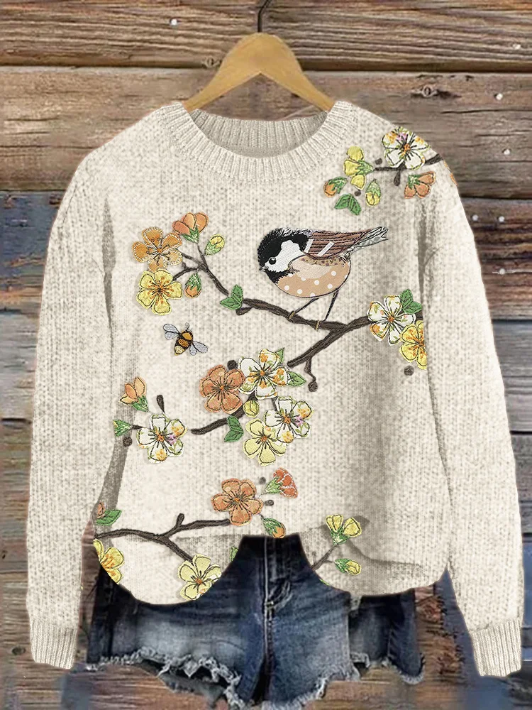 VChics Flowers & Birds Embroidery Art Cozy Knit Sweater
