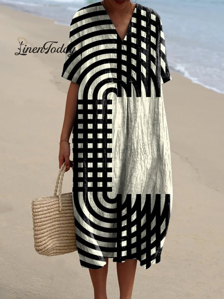 Women&rsquo;s Retro Simple Geometric Hand-Painted Lines Watercolor Splash Fluid Art Print Flowy Dress