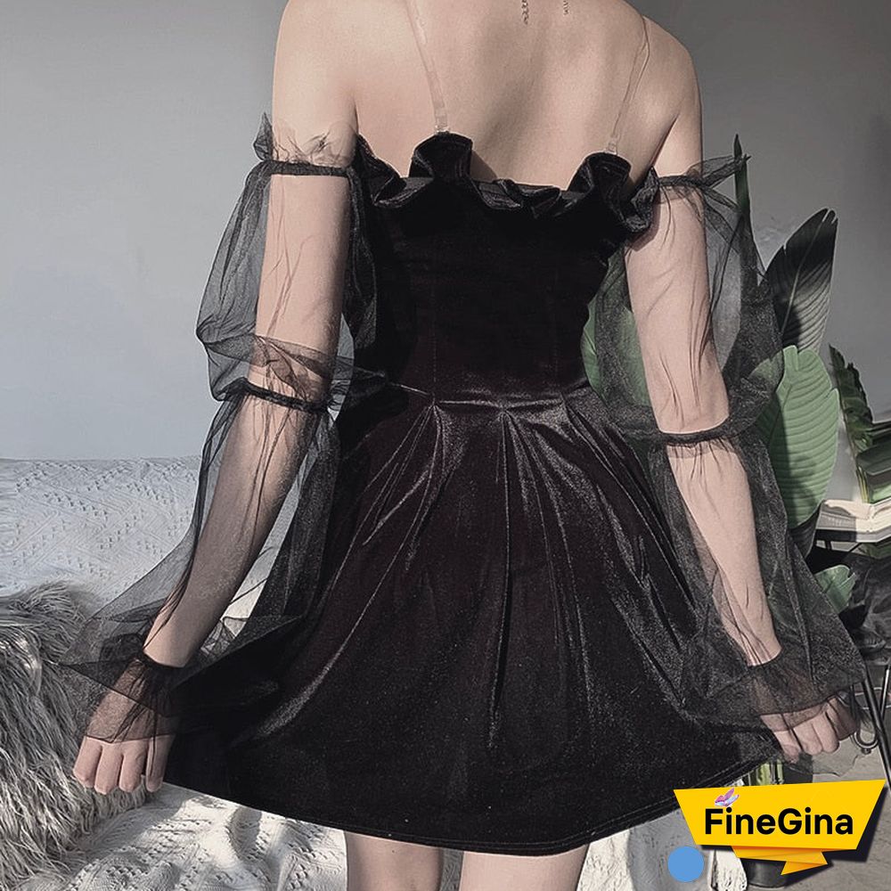 Sexy Dress Vintage Off Shoulder Lantern Sleeve Mesh Patchwork Velvet Mini Dress Dark Street Black Dress for Female