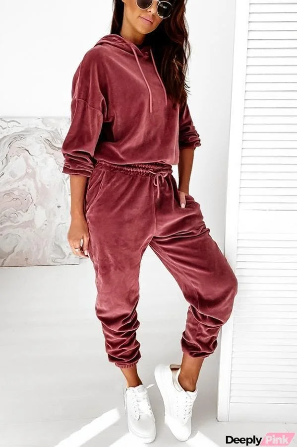 Velvet Drawstring Hooded Joggrt Set