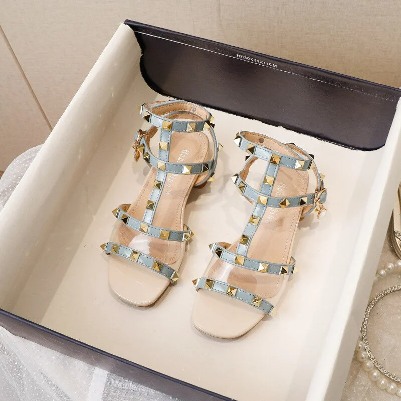 Christmas Gift Girls Rivets Sandals Summer 2021 Children's New Buckle Rivet Campus Show Girls Shoes Blue Sandal Kids Ligth Rhinestone