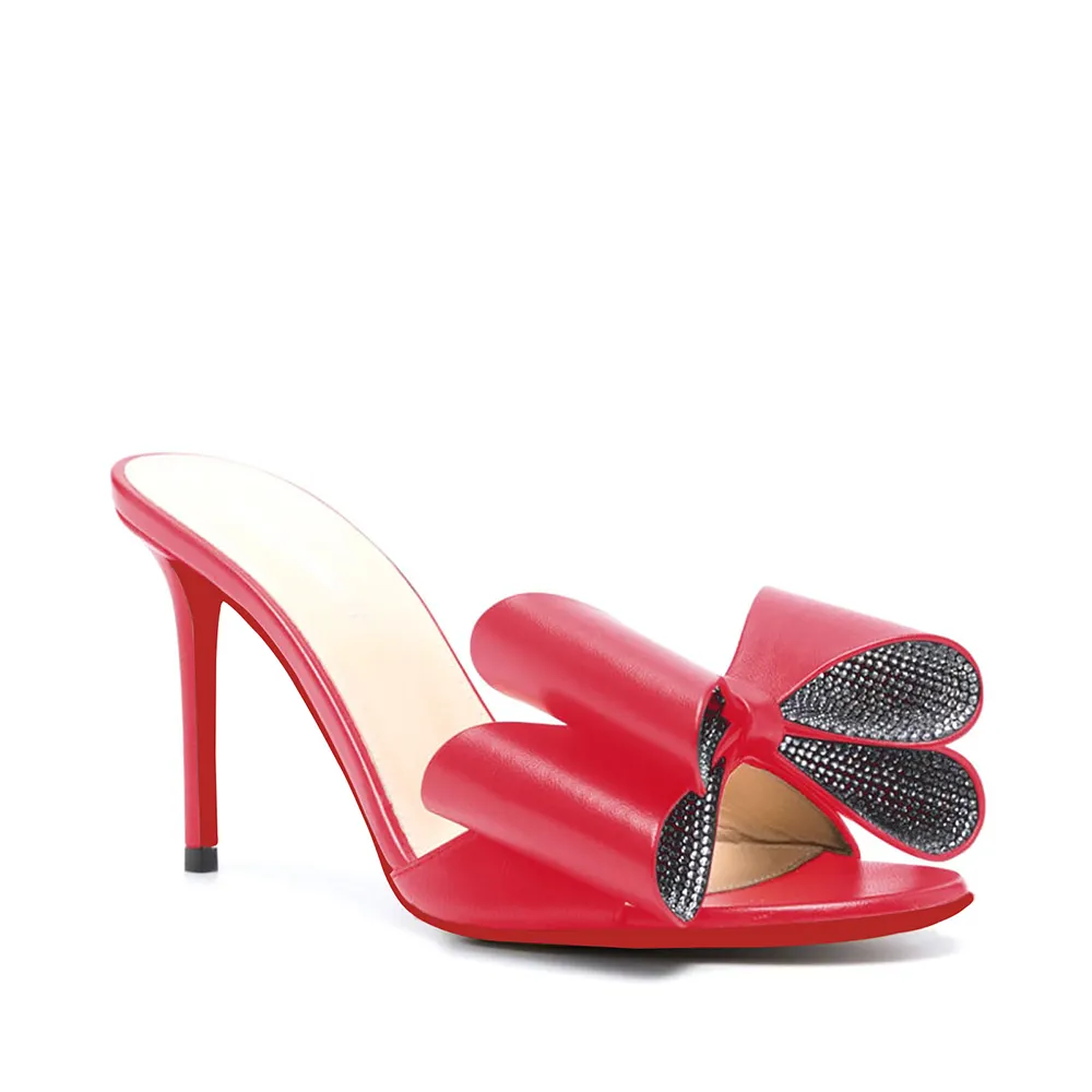 100mm/3.94 Inch Women's High Heel Mules Rhinestone Bowknot Backless Stiletto Heel Slippers Sexy Summer Heeled Red Bottom Sandals-vocosishoes
