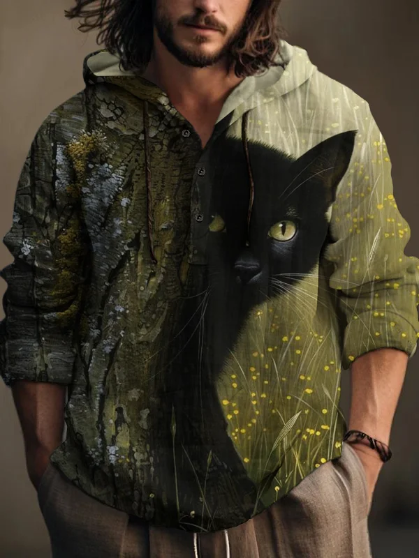 Men's Black Cat Hiding Behind Trees Art Print Hooded Shirt