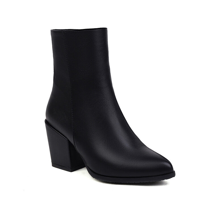 VCSHOES Pu Leather Pointed Toe Side Zippers Chunky High Heel Short Boots