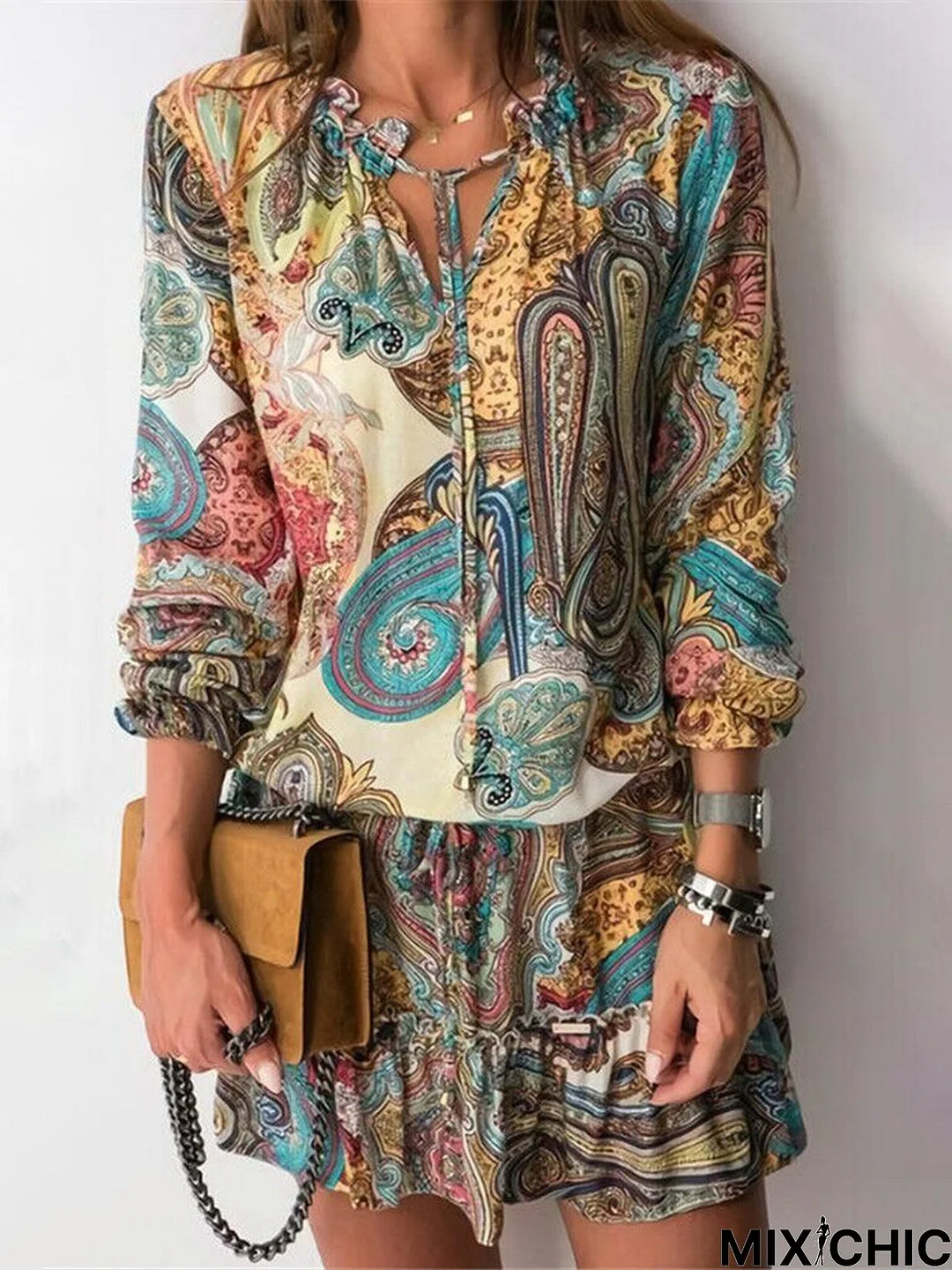 Paisley Casual 3/4 Sleeve Weaving Dress