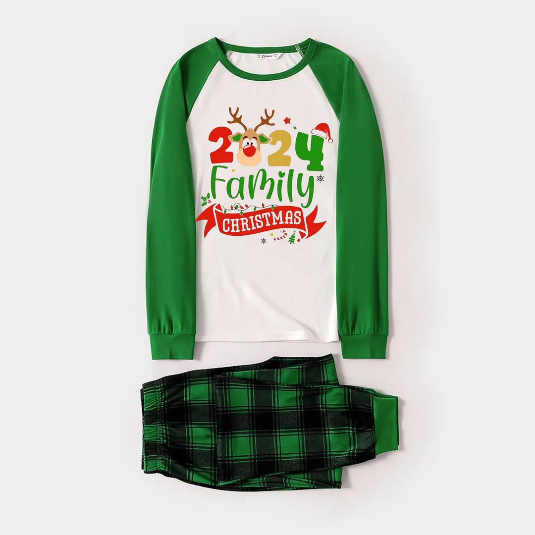 Cute Deer and Family Christmas 2024 Print Long Sleeve Top With Green & Black Plaid Christmas Matching Pajamas