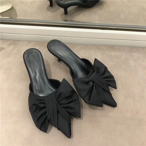 2021 New Spring Slippers Women's Korean-Style Pointed Polka Dot Bow Stiletto Mid-Heel Low Heel Slippers Polka Dot Half Slippers