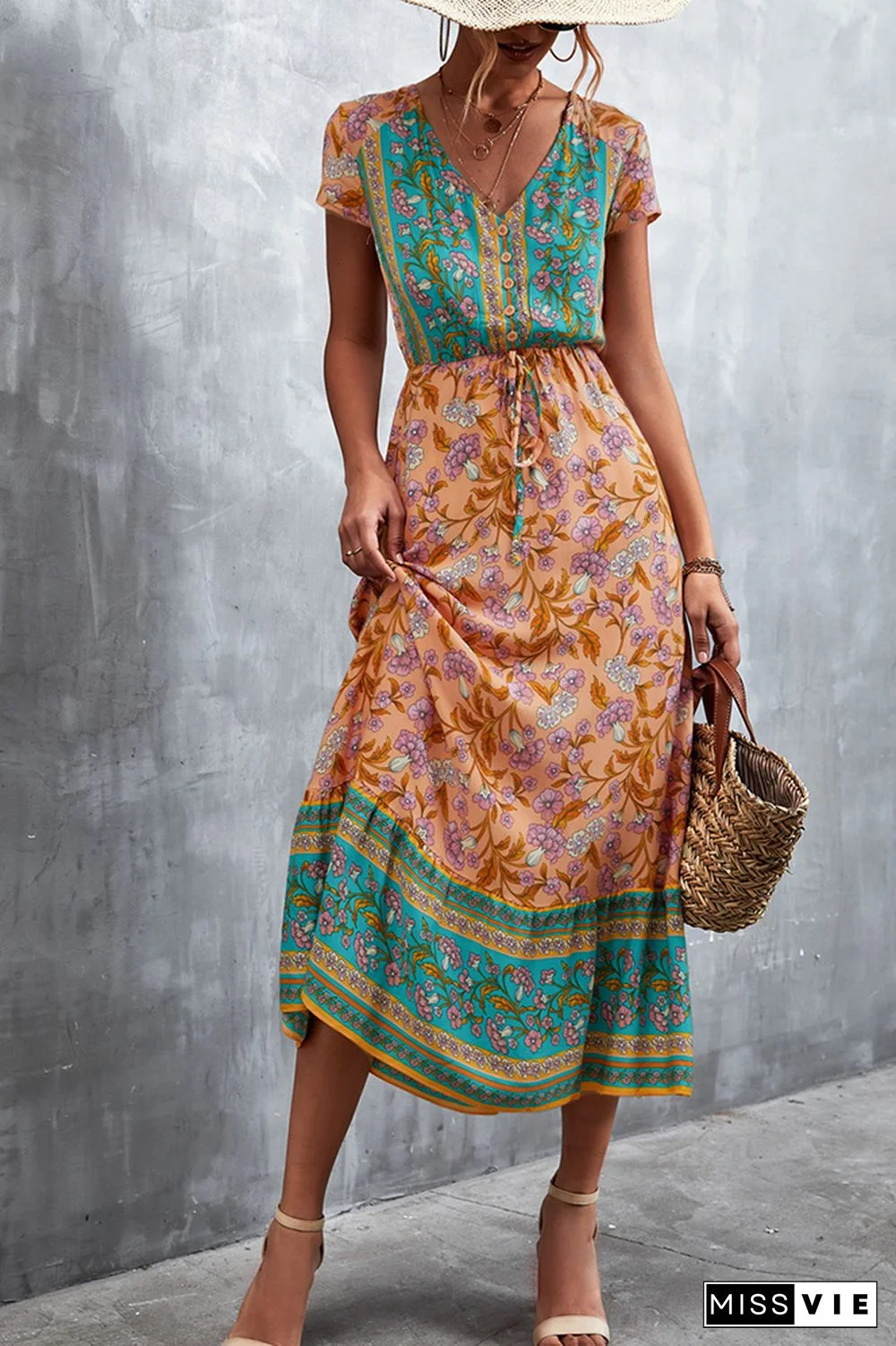 Floral Print Short Sleeve Long Dress Wholesale