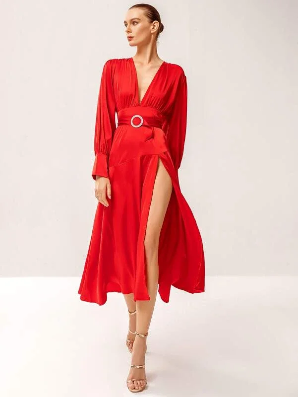 Double Crazy Plunging Neck Belted Split Thigh Dress