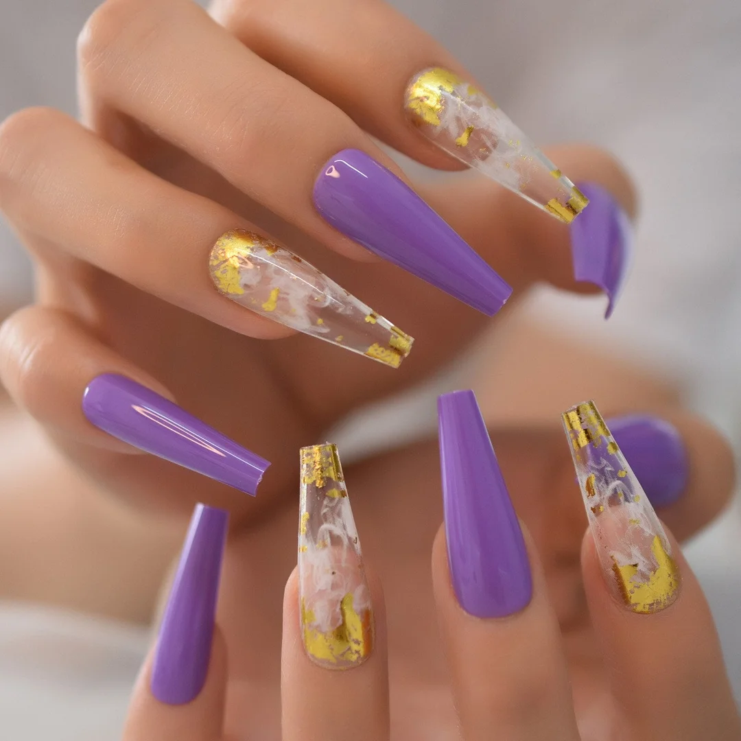 Metallic Coffin Nail Tips False Nails Long Ballerina Gold Mirror Fake Nails Press On Full Set For Fingernail Decorations-Nail Inspo