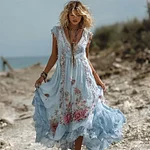 Vintage Boho Pink Roses Lace Flowy Linen Maxi Dress - Image 5