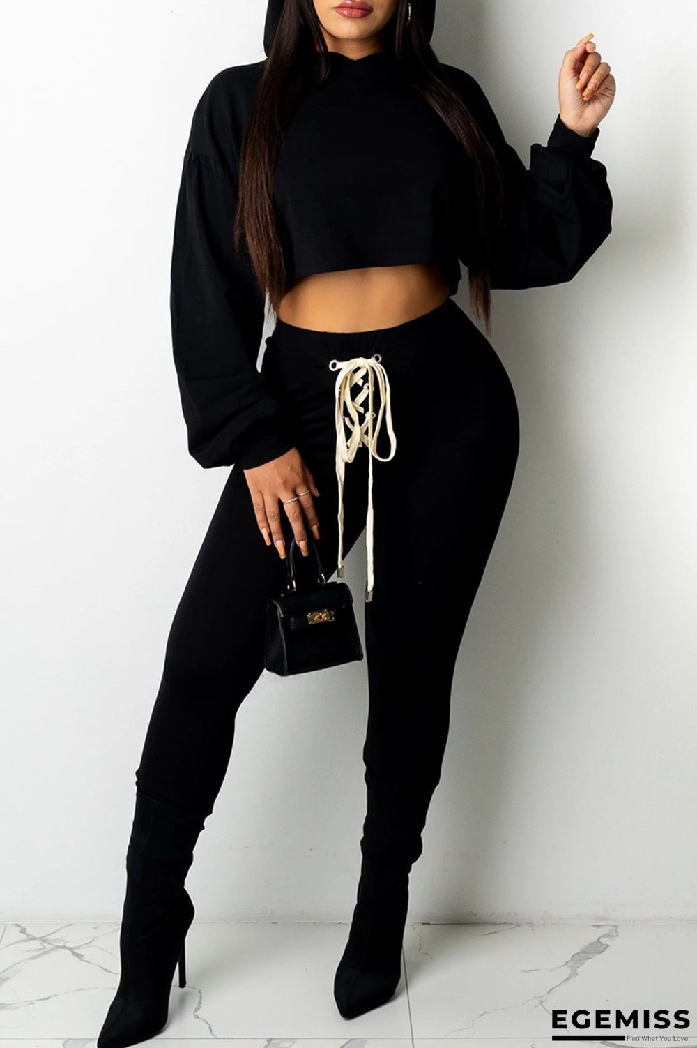 Black Fashion Casual Solid Basic Hooded Collar Long Sleeve Two Pieces | EGEMISS