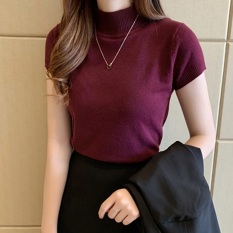 Korean Clothing Khaki Knitted Women Tops Women's Turtleneck Blouse Summer Casual Slim Short Sleeve Blouses Top Blusas Mujer 8622