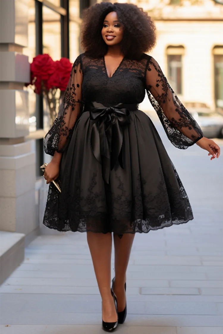 Xpluswear Design Plus Size Cocktail Party Black V Neck Lantern Sleeve Long Sleeve Wrap See Through Lace Midi Dresses [Pre-Order] 2024 - Xpluswear