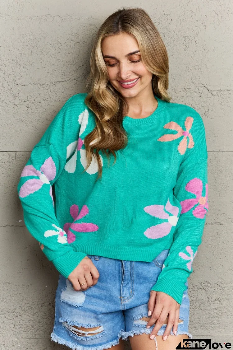 Floral Dropped Shoulder Ribbed Trim Sweater