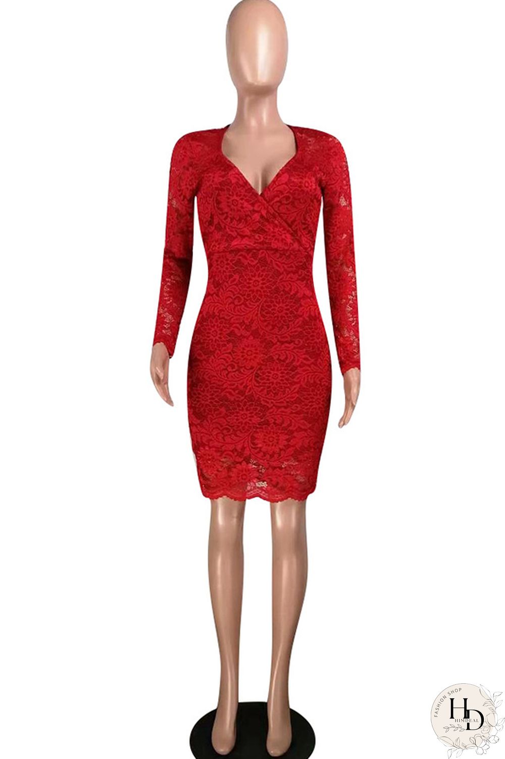 Red Lace Casual Cap Sleeve Long Sleeves V Neck Step Skirt Knee-Length lace Solid Patchwork Broken flower