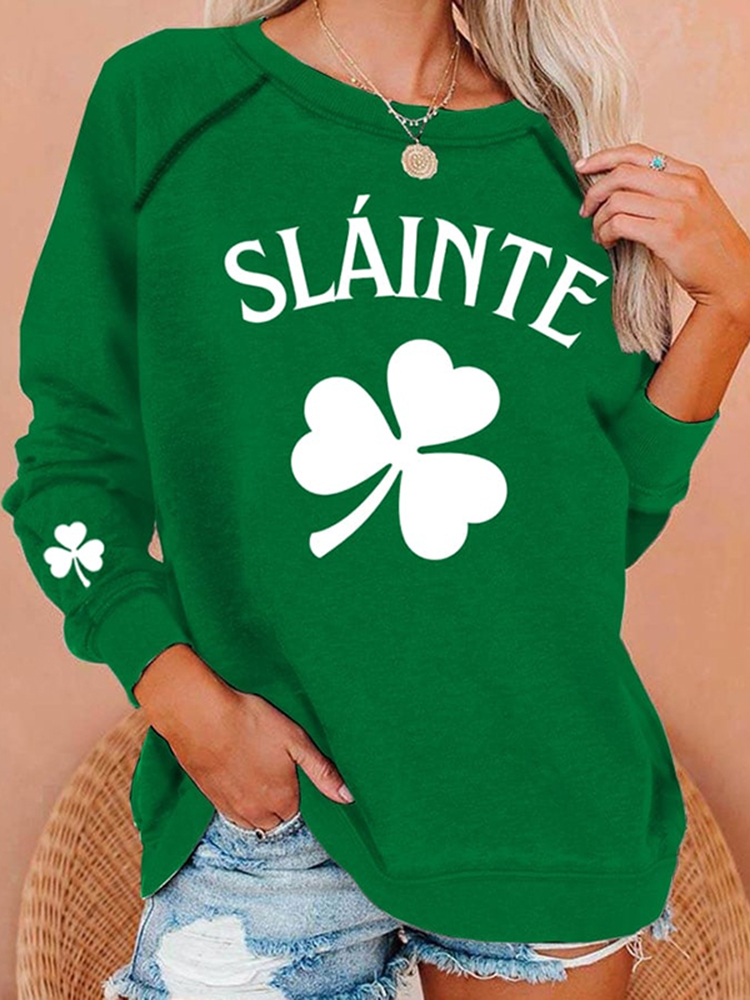 Comstylish St. Patrick's Day Slainte Clover Print Crew Neck Casual Sweatshirt