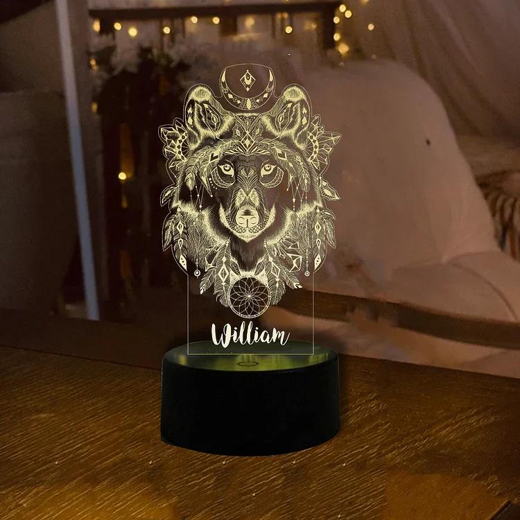 Personalized Wolf Night Light Custom Name 7 Colors LED Lamp