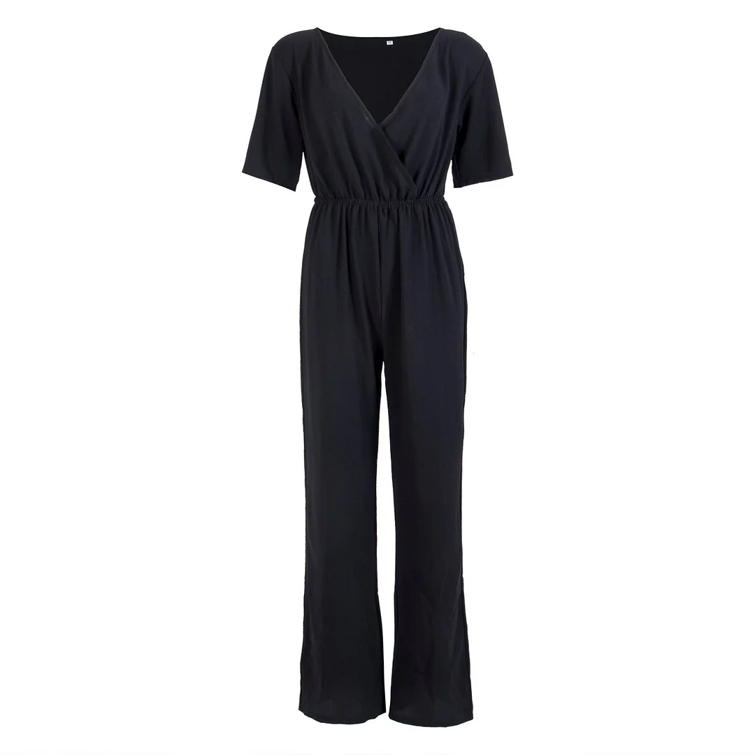 Elegant Casual Jumpsuit Women Ladies Short Sleeve V Neck Solid Color High Waist Loose Evening Party Holiday Fashi Romons