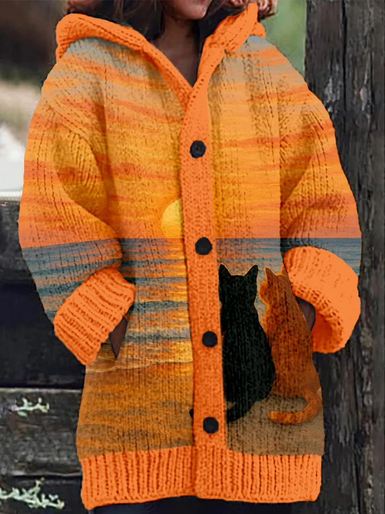 Cute Sunset Cats Pattern Cozy Hooded Knitted Cardigan