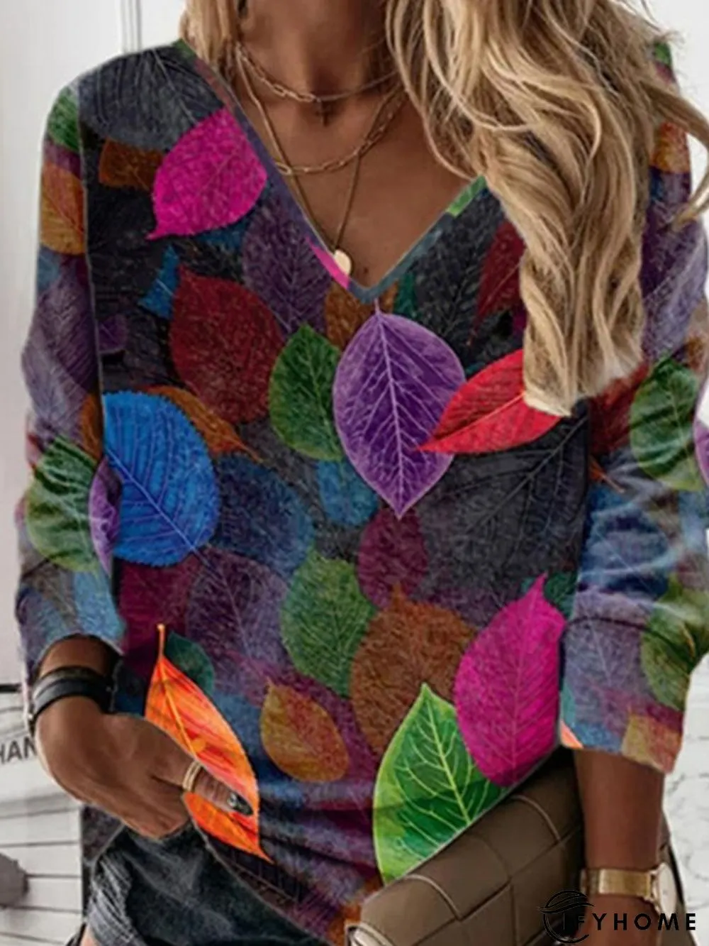 Leaves Printed Casual V Neck Tops | IFYHOME