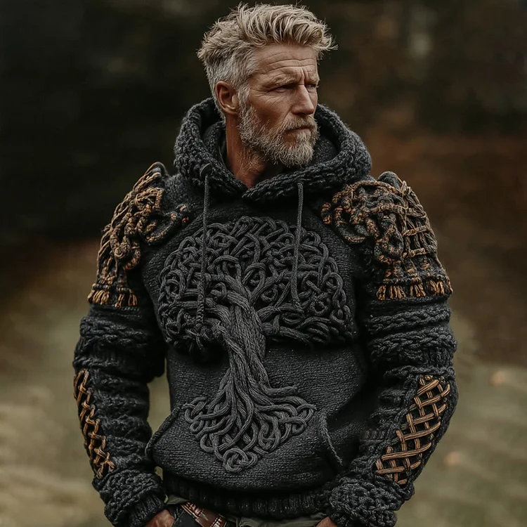 Men's Viking Tree Of Life Art Celtic Knot Jacquard Knitted Hooded Sweater