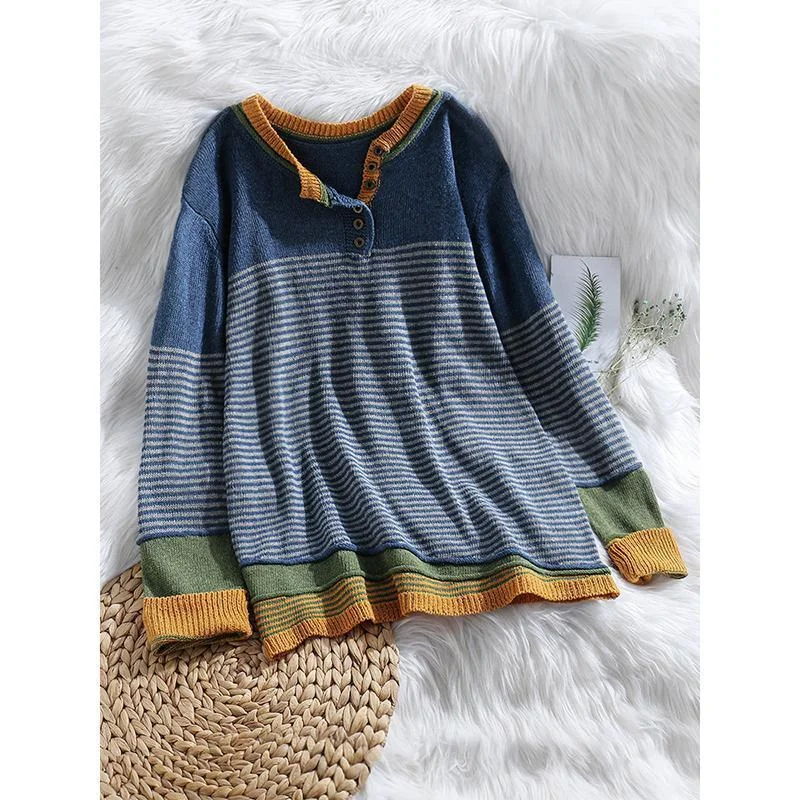 Stripe Button Long Sleeve Contrast Color Sweater