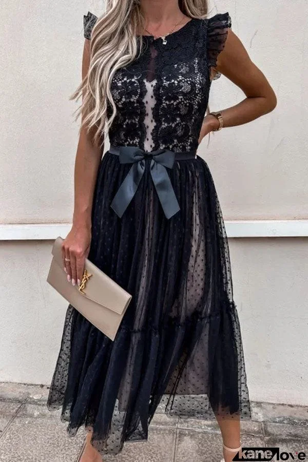 Fashion Solid Color Lace Mesh Panel Dress