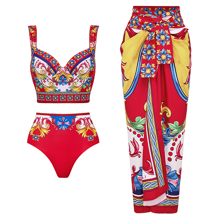 Sling Pattern Print Bikini Swimsuit and Skirt